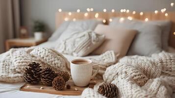 Cozy winter holiday bedroom scene with cocoa and pine cones photo
