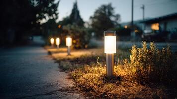 Solar powered garden light illuminating a pathway at dusk photo
