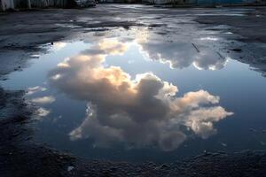 Dramatic reflection of cloudy sky in a puddle photo