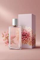 Elegant perfume bottle and box with floral accents photo