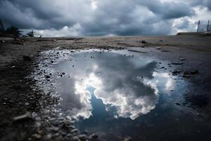 Cloudy sky reflected in a puddle photo