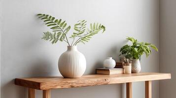 Ceramic vase on a wooden shelf in a modern home decor setting photo