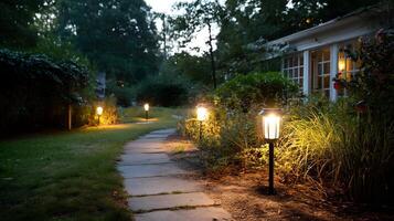 Solar powered garden lights illuminating a peaceful pathway at dusk photo