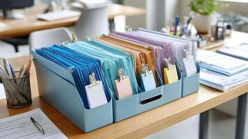 Organized office filing tray with color coded folders and labels photo