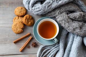 Cozy winter drink with cookies scarf and cinnamon sticks photo