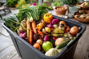 A variety of fresh organic vegetables and fruits in a compost bin on a patio long title A diverse collection of nutrient rich vegetables fruits and photo