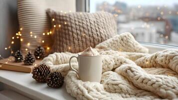 Cozy winter holiday scene with blanket fairy lights and cocoa photo