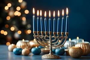 Menorah with lit candles for Hanukkah photo