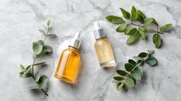 Minimal aromatherapy layout on marble background photo