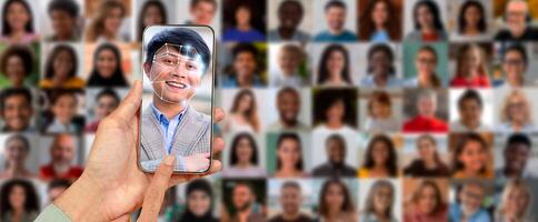 A person holds a smartphone displaying a facial recognition scan. photo