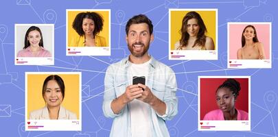 A man smiles while holding a smartphone, surrounded by images of women on colorful backgrounds. The setting suggests a virtual networking or dating context, emphasizing digital connections. photo