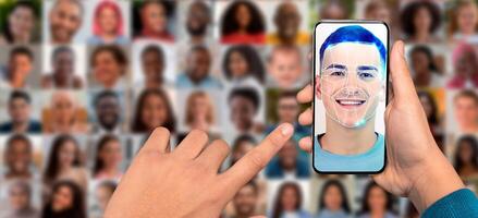 A person holds a smartphone displaying a facial recognition feature. The background features a collage of various faces. photo