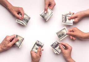Shareholders deciding to collect big amount of money for crowdfunding on white background photo