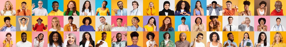 A lively collage showcases diverse individuals displaying joy and personality. Each person wears colorful attire, set against bright, contrasting backgrounds, celebrating multiracial unity. photo