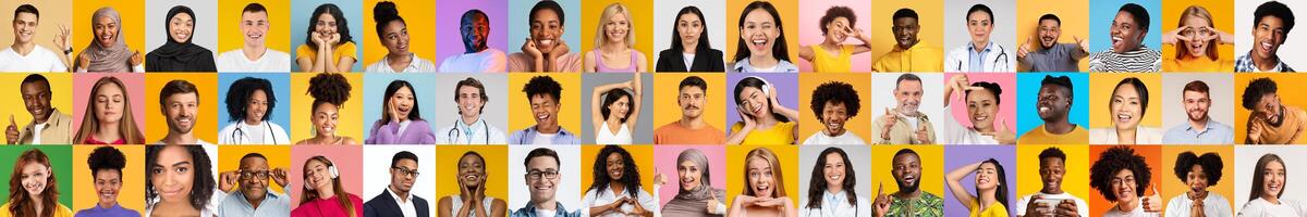 A vibrant collage features diverse individuals exhibiting a range of emotions. Each person represents different backgrounds and showcases a joyful demeanor against colorful backdrops. photo