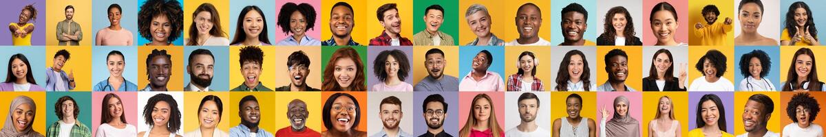 A vibrant collection of portraits showcases diverse individuals smiling and engaging with the camera. The colorful background enhances the lively atmosphere and celebrates diversity. photo