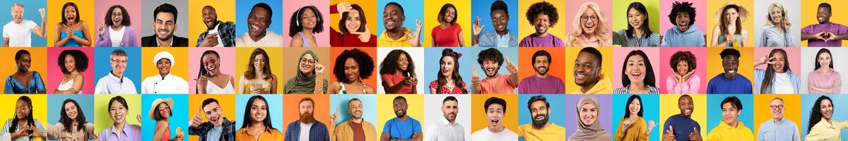 A vibrant collection showcases diverse individuals with joyful expressions against a bright backdrop. photo