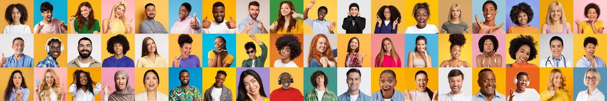 A lively collection showcases diverse individuals smiling, engaging, and expressing happiness against colorful backgrounds. photo