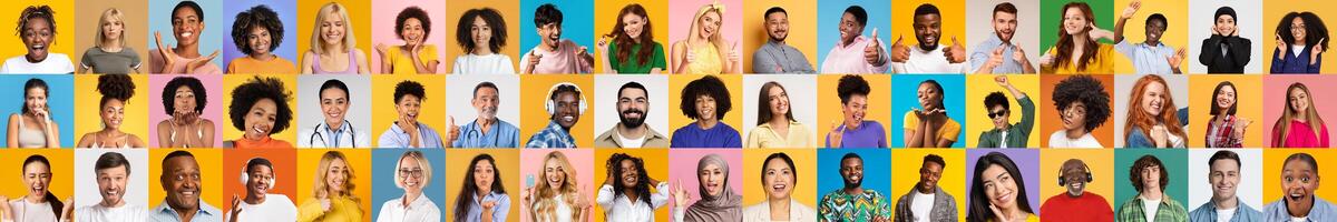 A vibrant collage displays a collection of diverse people smiling and expressing joy. Each individual represents different backgrounds and lifestyles, creating a lively and welcoming atmosphere. photo