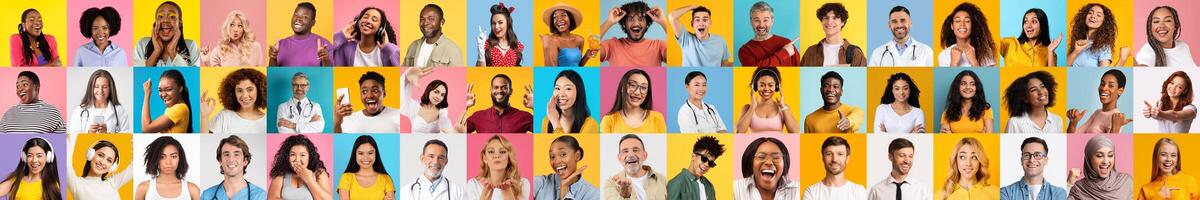 A lively collage showcases a diverse group of people smiling and engaging with each other. This collection highlights multiracial faces against bright backgrounds, emphasizing unity in diversity. photo