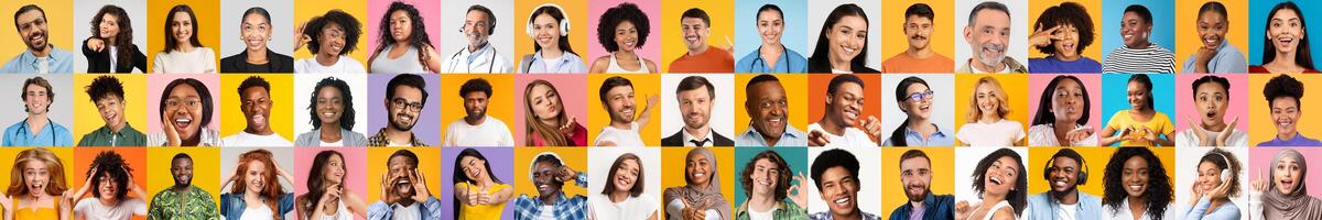 A vibrant collage showcases joyful faces of people from various backgrounds. Set against bright backgrounds, this collection reflects the beauty of diversity and inclusivity. photo