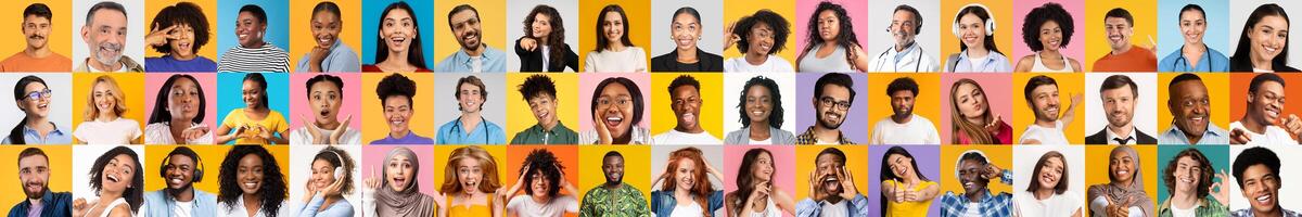 A vibrant collection of portraits showcasing people from various backgrounds smiling and expressing joy. The colorful backdrop enhances the theme of diversity and inclusion. photo