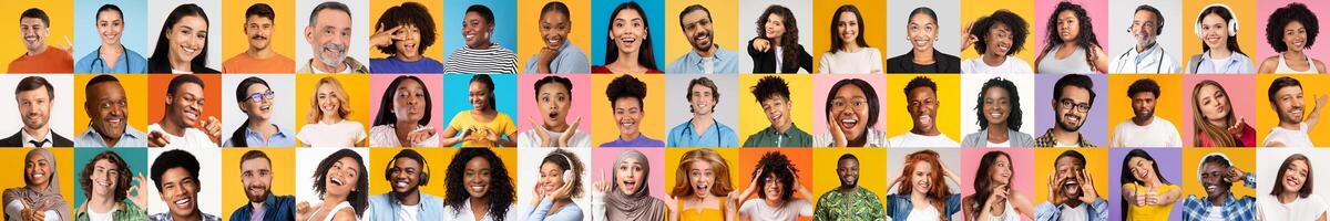 A lively collection of portraits featuring diverse individuals expressing joy and togetherness. Each face highlights the beauty of multiracial representation against colorful backgrounds. photo
