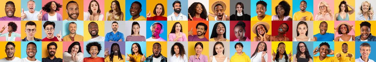 This collage showcases a vibrant group of multiracial individuals smiling and expressing joy. photo