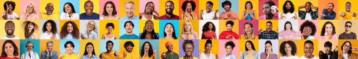 A colorful collection showcases a variety of diverse individuals smiling and engaging with each other in playful poses. The lively background enhances the sense of community and celebration. photo