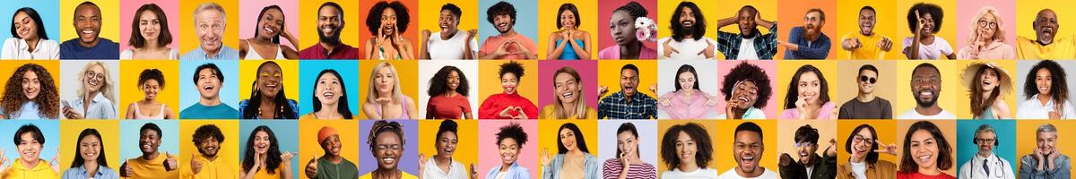 A vibrant collage features diverse faces expressing happiness. Each individual brings unique features and backgrounds, showcasing the beauty of diversity and togetherness. photo
