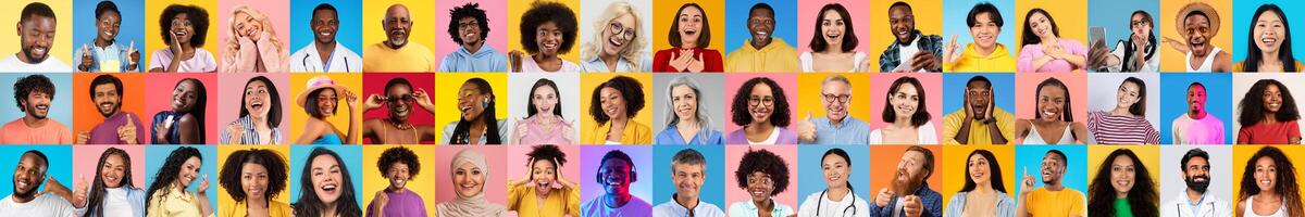 A vibrant collection of portraits features diverse individuals expressing joy and connection. photo