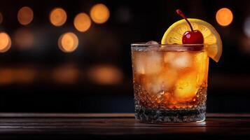 un vibrante cóctel con hielo, cereza, y limón rebanada es conjunto en un bar encimera, brillante en bajo ligero. foto