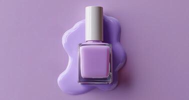 This luxurious gel nail polish in lavender sits elegantly on a smooth purple surface. The vibrant color highlights the polished bottle, perfect for a classy manicure experience. photo