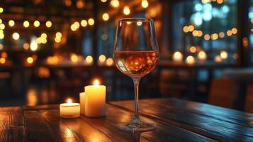 A wine glass filled with amber liquid sits on a wooden table next to lit candles in warm light. photo