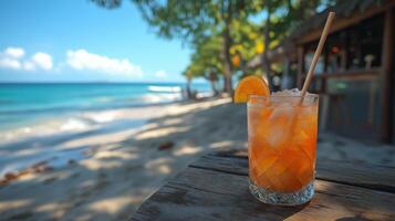 A delicious cocktail with orange garnish rests on a wooden table by the beach as waves crash. photo