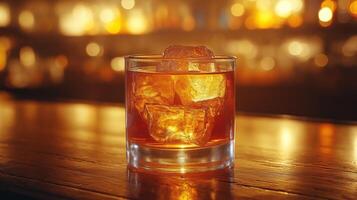 A glass of whiskey with ice sits on a wooden bar, warmly lit for a cozy vibe. photo
