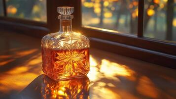 Golden light streams through a window, casting warm reflections on an ornate decanter by the glass. photo