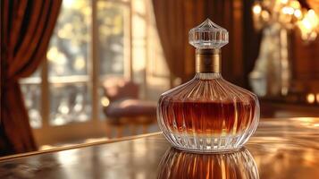 A crystal decanter resting on a polished surface holds an amber liquid in a well-lit room. photo