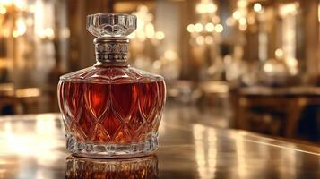 A crystal decanter gleams on the bar, showcasing deep amber liquor in a lavish setting. photo