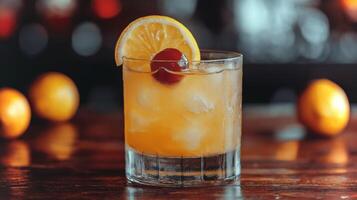 Bright cocktail with ice, lemon, and cherry resting on a bar with blurred bottles behind. photo