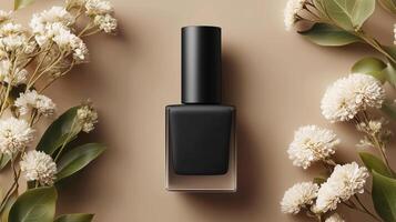 A bottle of black gel nail polish sits on a soft beige surface surrounded by delicate flowers and leaves. The setup captures the essence of luxury and sophistication in nail care. photo
