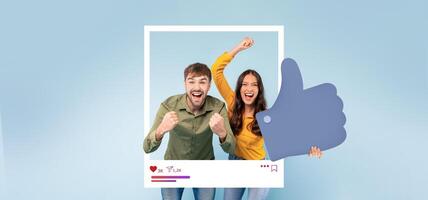 Two enthusiastic influencers express joy by giving a thumbs up in a fun, bright setting. They share their excitement for gaining followers and creating engaging content online. photo