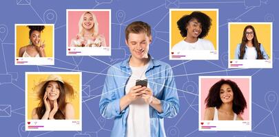 A young man interacts with his smartphone, smiling at various images of friends displayed on the screen. Each photo features his friends in cheerful moods.