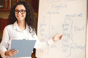 Training Concept. Portrait of cheerful positive female tutor wearing spectacles teaching English language, pointing at grammar rules on board with hand, looking and asking students, holding clipboard photo
