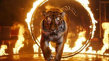 This robotic tiger leaps through flaming hoops, dazzling an excited circus crowd. photo