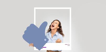 An influencer expresses joy with a thumbs-up gesture in front of a digital collage background. This moment highlights the excitement of online interaction and content creation. photo
