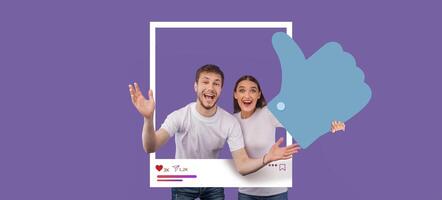A young man and woman express excitement while posing within a frame that highlights their vibrant social media interaction. Their enthusiasm showcases the joy of content creation. photo