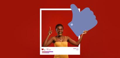 An influencer joyfully gives a thumbs up while promoting positive vibes in a striking collage background. This creative setup captures the energy of online engagement and social connection. photo