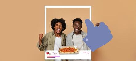 Two friends share an enthusiastic moment with pizza while giving a thumbs up to their followers. The warm background emphasizes their joy of online content creation. photo