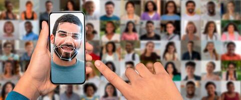 A user scans a face using a smartphone, highlighting the capabilities of modern identification technology. Background features diverse portraits showing various people engaged in similar activities. photo